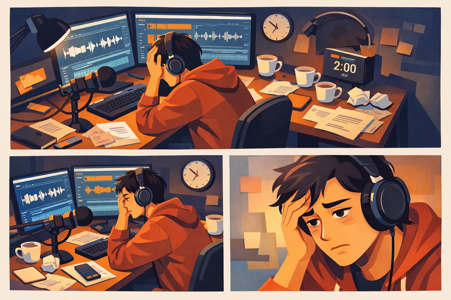 Stressed podcaster working late at night manually creating content